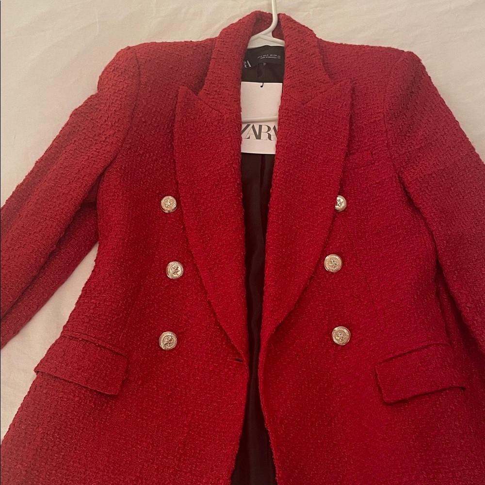 Zara Women's Vibrant Red Blazer with Gold Buttons
